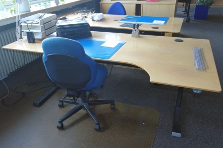 Electrical / height adjustable desk + chair + rack + cabinet + flowerbowl