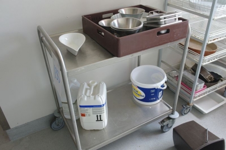 Stainless steel trolley + trolley with baskets + content on shelves div thermos + platters + bowls etc.