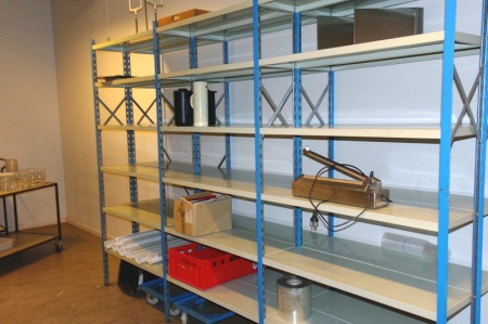 All in depot 1, steel shelving with content + racking + cabinets + trolleys containing various kitchen service (less lot No. 275 and fixed installations)