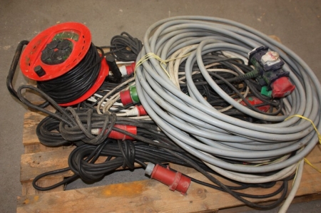 Pallet with power lines: extension cords, 220 and 380 volt + junction box + main power cable