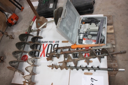 Pallet with various auger + chips stamper + hammer drill, etc.