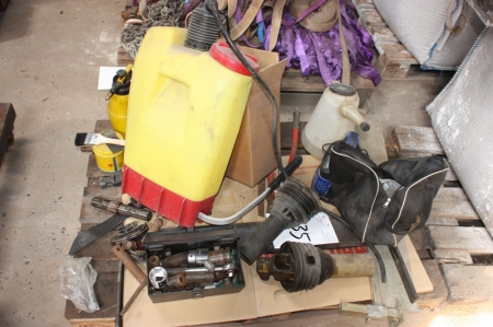 Pallet with miscellaneous including knapsack + universal joint + big tops, etc.