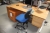 Office desk + drawer cabinet + 2 racks + chair
