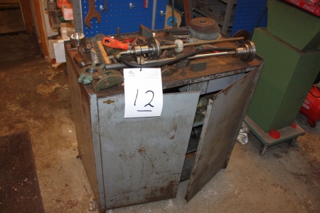 Tool cabinet with various machine parts