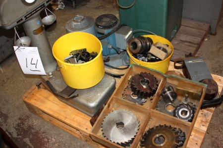 Pallet with various cutting tools, machine parts etc.