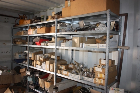 3 span steel shelving in container + content, including gas bottle + electrical parts on the floor below and in front steel rack