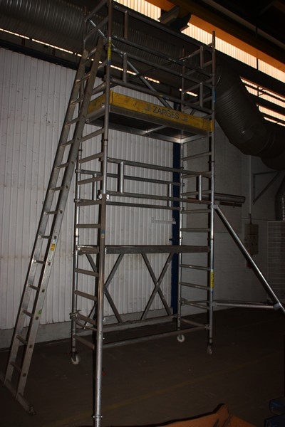 Mobile scaffolding, Zarges. 2 platforms + railing + staircase + 2 x side support