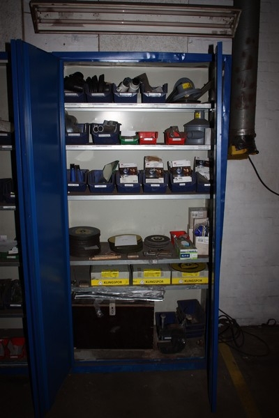 Tool cabinet with content including Parts for ESAB + cutting discs, etc.