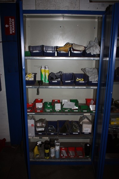 Tool cabinet with content including work gloves, welding gloves + spare parts for welding, etc.