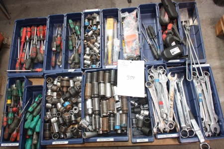 Pallet with various tools: spanners, sockets, screwdrivers, etc.