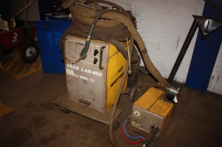 CO 2 welding rectifier, ESAB LAN 400 + wire feed box, Esab A 10 MEH 44 + welding cable + welding handle. Mounted in a frame on wheels