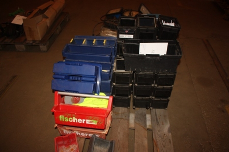 Pallet with various plastic boxes, etc.