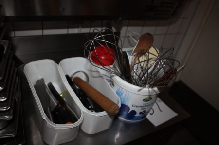 Various kitchen utensils, including Global knives + hand mixer, etc.