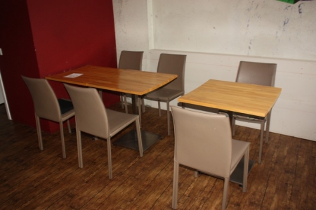 17 borde med limtræsplade, ca. 70x70 cm med understel i rustfrit stål + 4 borde med limtræsplade, ca. 70 x 140 cm med understel i rustfrit stål + ca. 42 stole