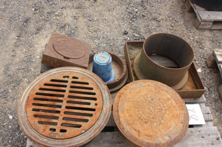 Pallet with various cast iron manhole covers, inter alia, UK 8 25KN etc.