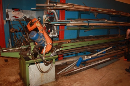 Bandsaw, FMB, type Sirius. Capacity: Rectangle : 210x280 mm. SN: 40470. Inlet Track approx. 5 meters + cantilever rack without content