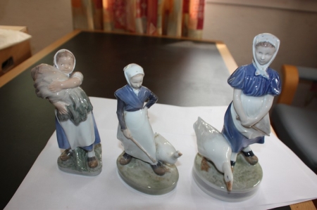 3 x porcelænsfigurer, 2 piger med gås + pige med vasketøj, Royal Copenhagen, sælges af privat, kun moms på salær