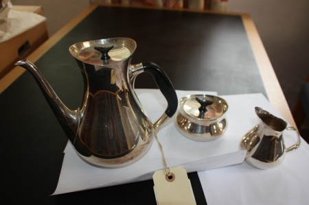 Kaffekande + sukkerskål + flødekande, stemplet EPNS Denmark (Electro Plated Nickel Silver / sølvplet), sælges af privat, kun moms på salær