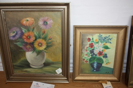 Maleri, blomstermotiv, Vinhartz, ca. 43 x 51 cm + maleri, blomstermotiv, Peder Bonde, ca. 32 x 38 cm, sælges af privat, kun moms på salær