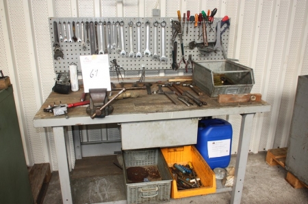 Work Bench, approx. 1500x800 mm + vice + drawer + tool panel + content (various hand tools, etc.)