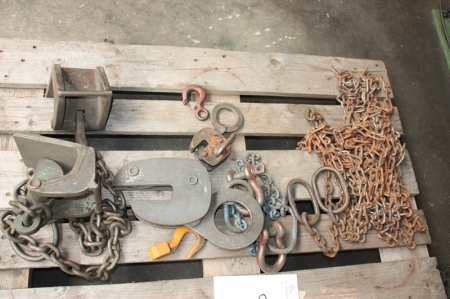 Pallet with various lifting equipment, including sheet metal clamps