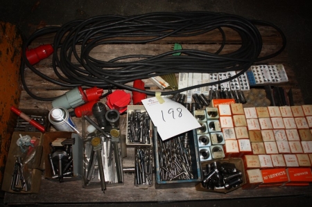 Pallet with miscellaneous, including power cable, 380 v, tool holders for Schaublin platter, drills, milling tools, calipers, etc.