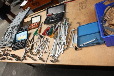 Work table with miscellaneous including socket set, wrench, drill, 2 x water pump tank, gauge blocks, etc.