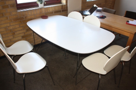 Ovalt spisebord, hvid melamin, stålben + 6 skalstole, hvid, træ