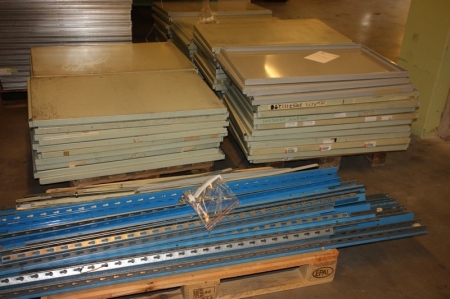 4 pallets of dismantled steel shelving. Shelf Dimension approximately 1000x600 mm. Shelves: about 100 + various pillars, props, etc.