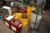 Lot of oil products, including 2 x Mobil Rarus 425 Air Compressor Oil + Mobile Vactra NO 2 + Shell ADRANA D 601.01. Mobile Met 151, Shell Tellus Oil, everything broached + cart with barrel and pump