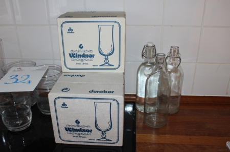 3 boxes of glass + three water bottles with patent stoppers +  various vases + bowls, etc.