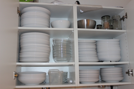 Content of kitchen cupboards, plates + glass  + pans + utensils etc.
