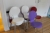 8 x chairs: 5 white + 2 purple + 1 red