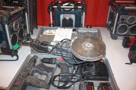Nail gun, acu-drill with charger, Senco space + radio + Bosch angle cutter, Atlas Copco