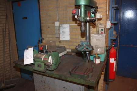 Workbench with bench drill, KEF SB13 + bench grinder