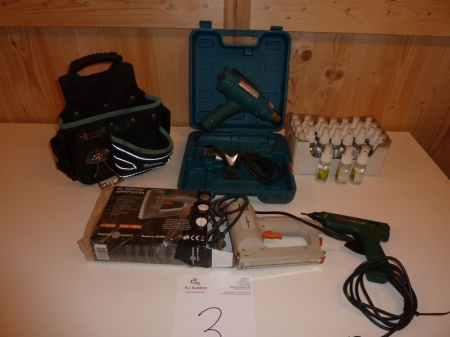 Heat Gun, Makita HG5002, 1600 Watt + glue gun, Bosch PKP 18 E + tool bag / belt, Makita + power stapler / nailer, Power Craft model 26189 + approx 27 pcs. fire retardants