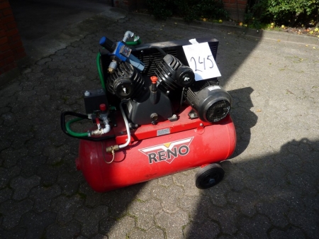 Compressor, Reno, type 5091st Model: 510/100, 4 hp. 2 cylinder. Kraft. Water separator. Tank: 95 liters max. 11 bar. Have only been running a few hours. Works fine. Sold by private individual. Only VAT on fees.