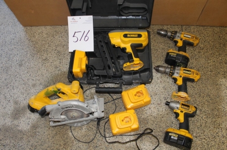 Cordless nailer, DeWalt, in case + Cordless circular saw, DeWalt, with battery + 2 x cordless drills with battery + Cordless bolt gun + 3 chargers