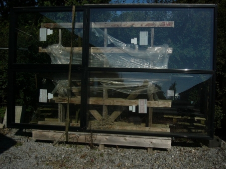 Wood-aluminum window section, Thick glass, W 217 cm, H 357 cm, 2 side screen, B73 cm, H 357 cm.