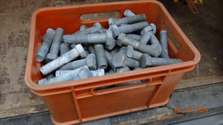 Bolts galvanized. Thread 100 mm / 115 mm total. Ø 22 mm. Approximately 125 pieces in matte orange box