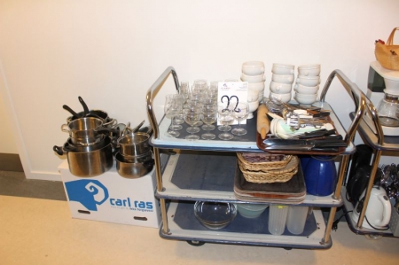Trolley with various glass + bowls + thermos + cutlery + pots, etc.