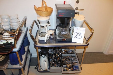 Rullevogn med Bravilor Bonamat kaffemaskine + el-kedler + bestik + kaffemaskiner m.v.