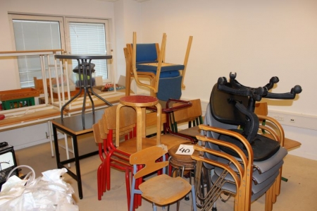 Lot chairs + stools + tables etc.