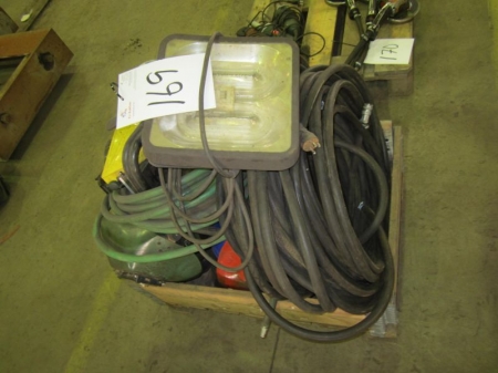 Pallet with compressed air hose, welding helmets, projector, etc.