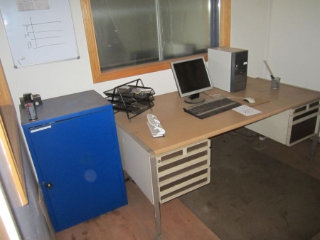 Desk, computer, keyboard, flat panel, coat stand, shelves and steel cabinet