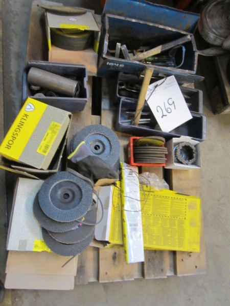 Pallet with flap discs, abrasive disca, hand tools, etc.
