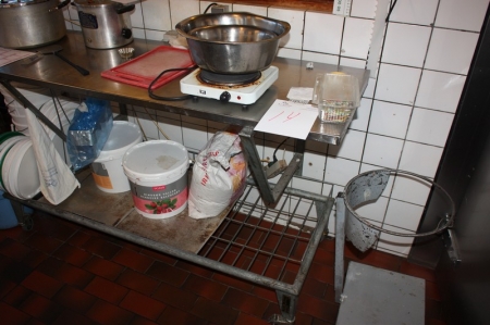 Stainless steel table with shelf brackets, length: 170 x width: 54 cm + trolley with grid and baking sheets, but no tubs, stainless steel bowls and bags