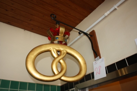 Antique bakery pretzel in wood, covered with gold leaf + wall mount
