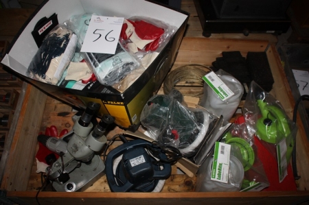 Pallet with various, including rubber gloves + microscope + cordless drill with battery + 2 polishers