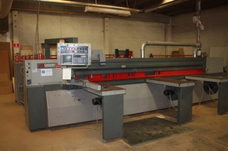 Programmable Automatic Horizontal Panel saw, Casadei SP 45D. YOM: 1995. SN: 95-77-002. 380Volt. Control: Casadei XYF. Work Piece size: 5\"x½4\". Type of hold down: Pressure beam clamps. Rear loading platform. Double Independent overhead programmable pushe